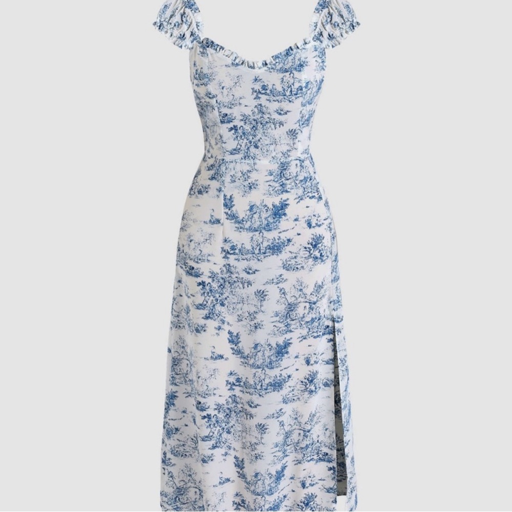 Cider toile de jouy ruffle trim slit midi dress